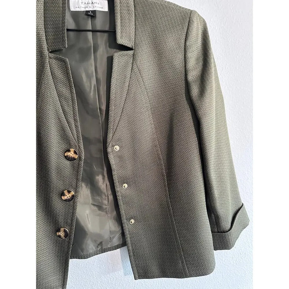 Tahari Arthur S Levine Womens Blazer Jacket Olive Green Three Button Textured - Picture 15 of 16